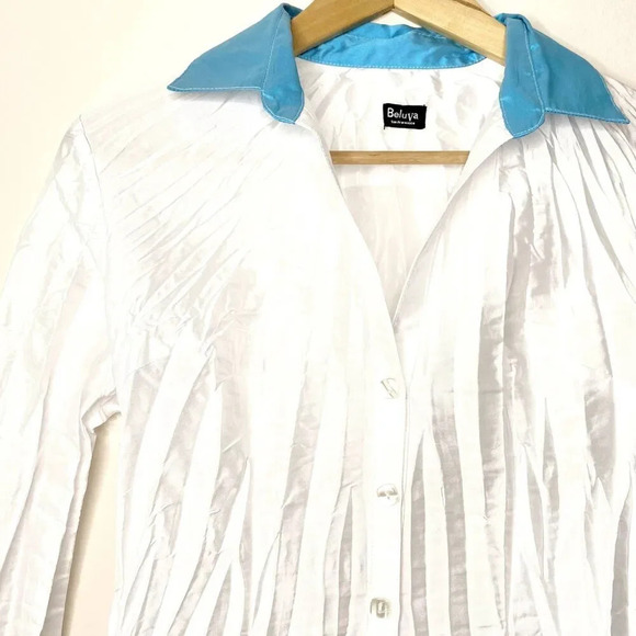 Beluva San Francisco Pleated Button Down Shirt Blouse White Blue Women's XS - Picture 2 of 10
